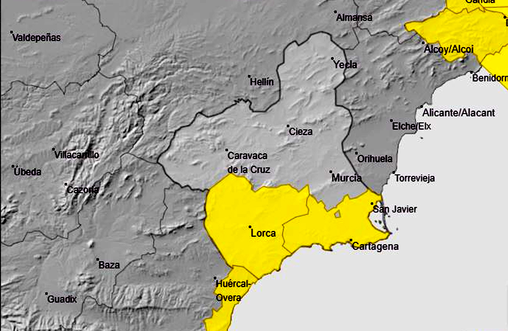 Meteorología amplía hasta esta tarde el aviso amarillo por lluvias de hasta 15 litros en una hora en el Valle del Guadalentín
